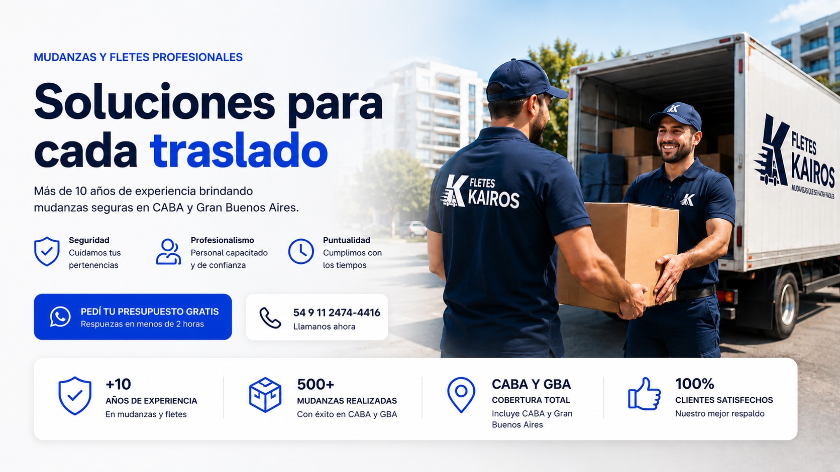 Equipo profesional de Fletes Kairos con camión de mudanzas